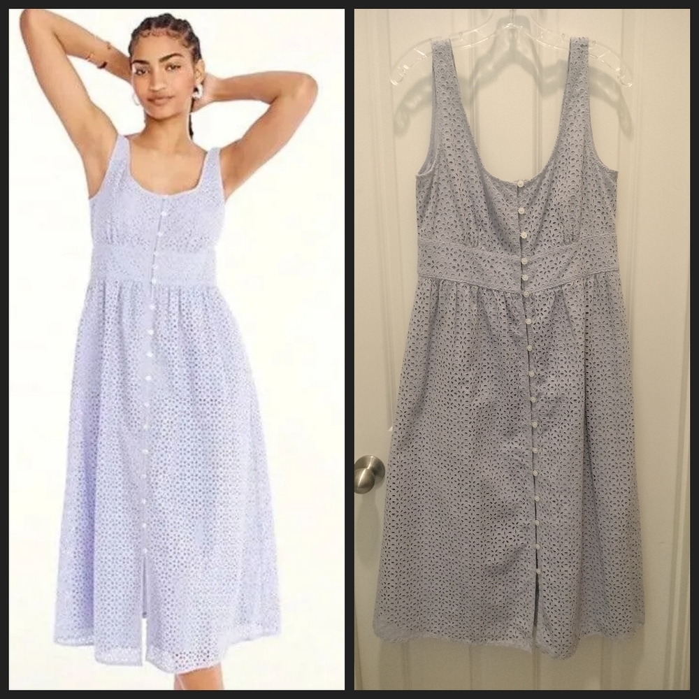 J Crew Button Front Eyelet Midi Dress Periwinkle SZ 8